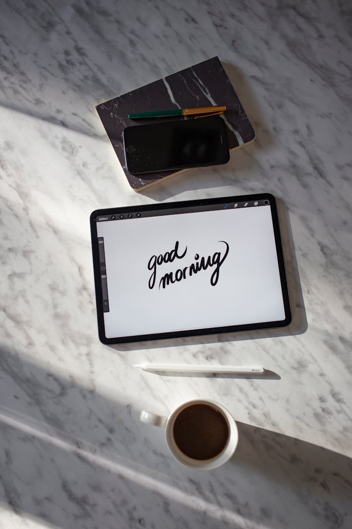 Flat lay of a stylish workspace with a tablet, coffee, and stationery on a marble table.